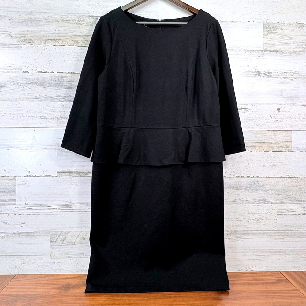 Talbots Peplum Sheath Dress Size 14 Black NEW 3/4 Sleeve Stretch Ponte Corpcore
